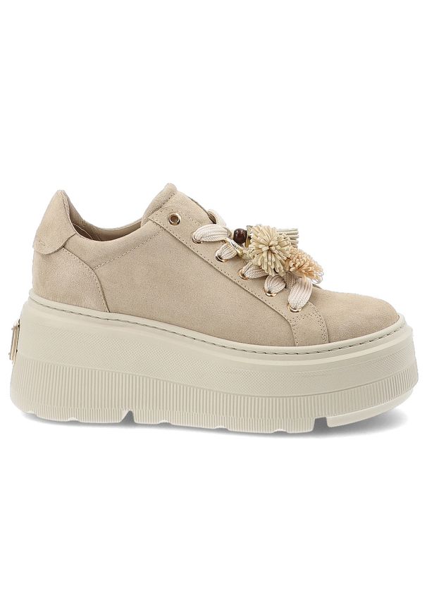 CheBello - Sneakersy damskie Chebello, ze skóry naturalnej na wysokiej platformie z klasycznym sznurowaniem i dekoracyjnymi chwostami, beżowe, 5002_-194-000-PSK. Okazja: na co dzień. Kolor: beżowy. Materiał: skóra. Szerokość cholewki: normalna. Obcas: na platformie. Styl: klasyczny