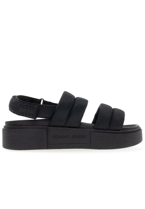 Klapki damskie Tommy Jeans Flatform Sandal EN0EN02802-BDS - czarne. Zapięcie: rzepy. Kolor: czarny. Materiał: materiał, guma. Szerokość cholewki: normalna. Wzór: paski