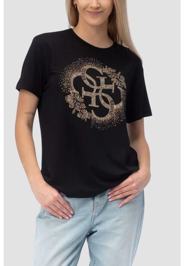 Guess - GUESS Czarny damski t-shirt na krótki rękaw z cyrkoniami Corinne, Rozmiar S. Okazja: na co dzień. Kolor: czarny. Długość rękawa: krótki rękaw. Długość: krótkie. Styl: elegancki, casual