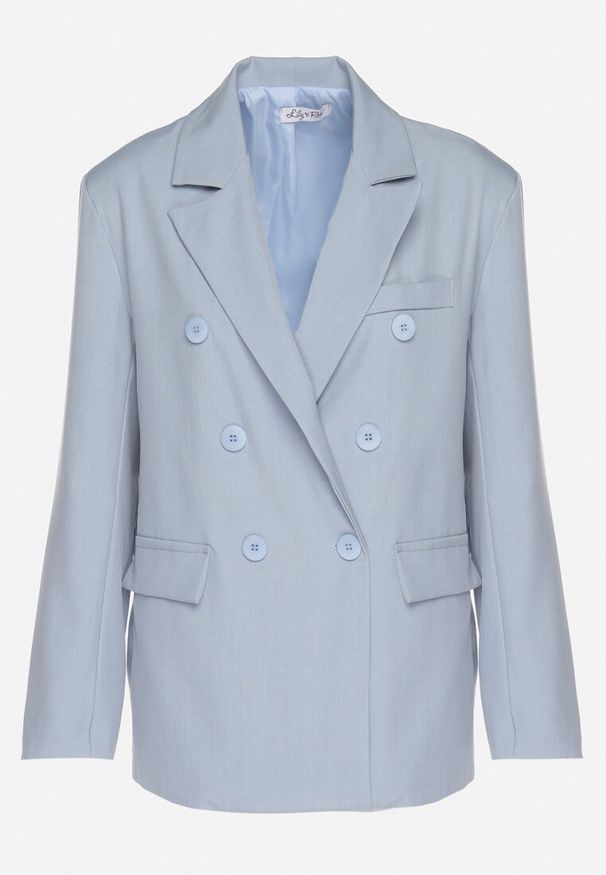 Born2be - Niebieska Dwurzędowa Marynarka z Usztywnioną Linią Ramion Emiranea. Okazja: do pracy, na co dzień. Kolor: niebieski. Materiał: jeans. Wzór: aplikacja. Styl: klasyczny, casual, elegancki