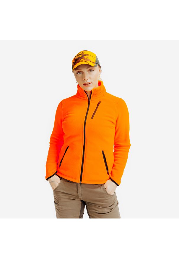 SOLOGNAC - Polar damski Solognac 300 fluo. Typ kołnierza: kołnierzyk stójkowy. Kolor: pomarańczowy. Materiał: poliester, materiał. Sport: outdoor