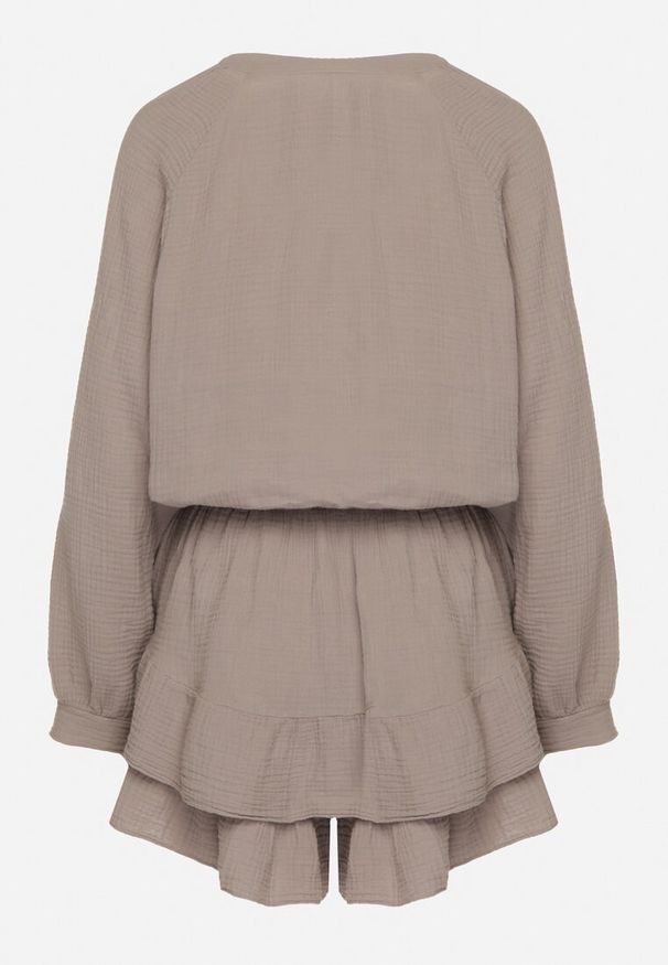 Born2be - Ciemnobeżowy Wiązany Bawełniany Kombinezon Boho z Falbankami i Wiązaniem Lalelia. Okazja: na co dzień, na imprezę. Kolor: beżowy. Materiał: bawełna. Długość rękawa: długi rękaw. Długość: długie. Sezon: lato. Styl: boho