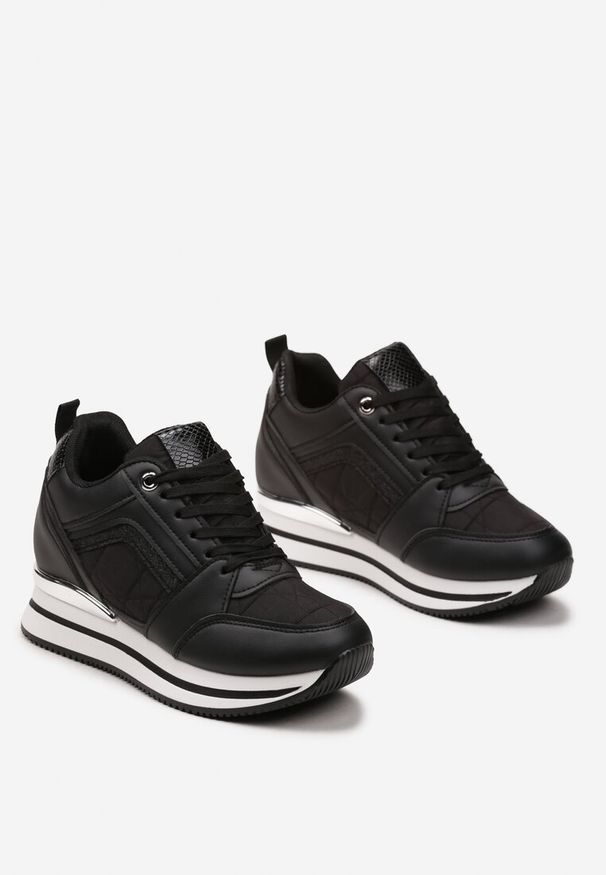 Renee - Czarne Sneakersy na Ukrytym Koturnie Ozdobione Brokatem i Metaliczną Wstawką Infora. Nosek buta: okrągły. Zapięcie: sznurówki. Kolor: czarny. Materiał: materiał. Wzór: aplikacja. Obcas: na koturnie. Wysokość obcasa: średni
