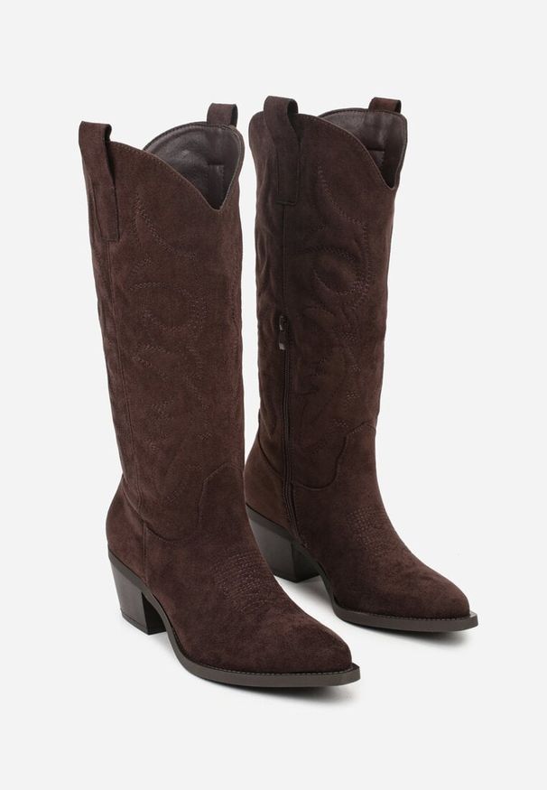 Renee - Brązowe Kozaki Typu Kowbojki w Klasycznym Stylu z Imitacji Zamszu Rilamira. Okazja: na co dzień. Kolor: brązowy. Materiał: zamsz. Styl: klasyczny