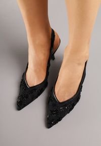 Renee - Czarne Sandały na Szpilce Typu Slingback z Cekinami Resseris. Okazja: na wesele, na ślub cywilny, na imprezę. Kolor: czarny. Materiał: koronka. Obcas: na szpilce. Styl: elegancki #7