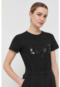 Patrizia Pepe t-shirt bawełniany kolor czarny. Okazja: na co dzień. Kolor: czarny. Materiał: bawełna. Długość rękawa: krótki rękaw. Długość: krótkie. Wzór: aplikacja. Styl: casual #1