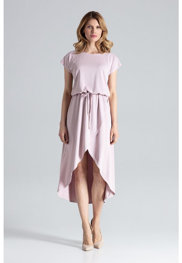 Figl - Różowa Ciekawa Sukienka z Wiązanymi Troczkami w Pasie. Kolor: różowy. Materiał: elastan, wiskoza