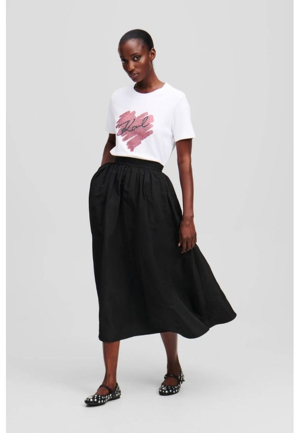 Karl Lagerfeld - KARL LAGERFELD Biały damski t-shirt z cyrkoniami Hearts RS. Kolor: biały. Materiał: materiał. Długość rękawa: krótki rękaw. Długość: krótkie. Styl: elegancki