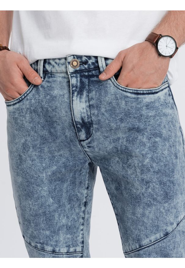 Ombre Clothing - Spodnie męskie jeansowe slim fit z przeszyciem na kolanach - niebieskie V1 OM-PADP-0109 - XXL. Kolor: niebieski. Materiał: jeans. Wzór: aplikacja