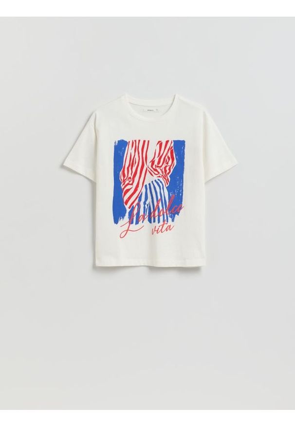 Reserved - Bawełniany t-shirt z nadrukiem - biały. Kolor: biały. Materiał: bawełna. Wzór: nadruk
