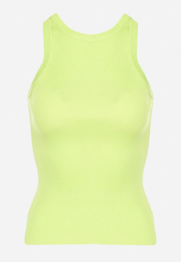 Born2be - Jasnozielony Top o Klasycznym Kroju z Prążkowanej Dzianiny Wavera. Kolor: zielony. Materiał: dzianina, prążkowany. Styl: klasyczny