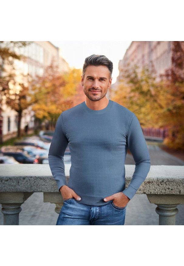Bawełniany Sweter Męski, Okrągły Dekolt - Pako Jeans - Marmurkowa Faktura, Niebieski. Kolor: niebieski. Materiał: bawełna. Styl: klasyczny, elegancki