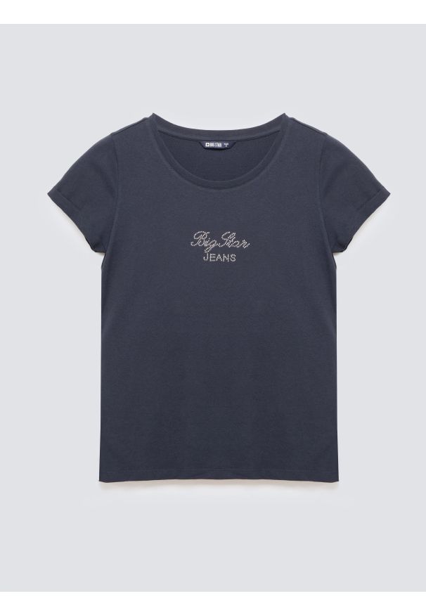 Big-Star - Koszulka damska z napisem z cyrkonii granatowa Malvina 403. Okazja: na co dzień. Kolor: niebieski. Materiał: bawełna, jeans, dzianina. Wzór: napisy. Styl: klasyczny, casual, elegancki