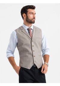 Ombre Clothing - Kamizelka męska garniturowa z kołnierzem - beżowa V3 - Rozmiar: L. Kolor: beżowy. Materiał: poliester #1