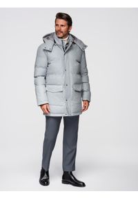Ombre Clothing - Ciepła długa męska kurtka typu parka z wełną – jasnoszary melanż V3 - Rozmiar: S. Kolor: szary. Materiał: wełna. Długość: długie. Wzór: melanż