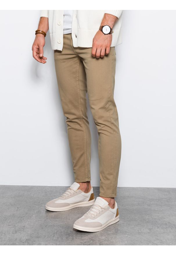 Ombre Clothing - Spodnie męskie chinosy SLIM FIT - beżowe V27 - Rozmiar: M. Okazja: na co dzień. Kolor: beżowy. Materiał: tkanina, bawełna, elastan. Styl: casual