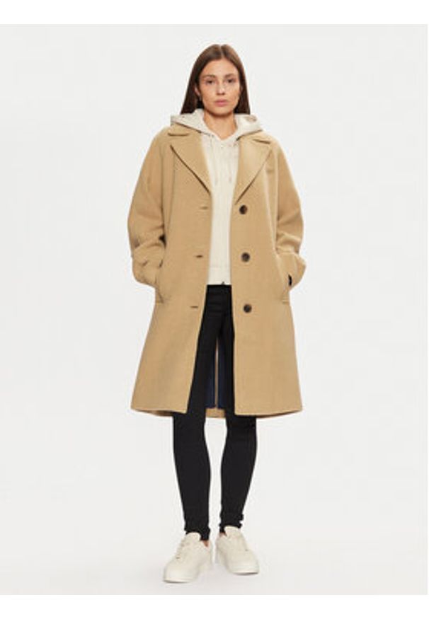 Tommy Jeans Płaszcz wełniany DW0DW20166 Beżowy Regular Fit. Kolor: beżowy. Materiał: syntetyk