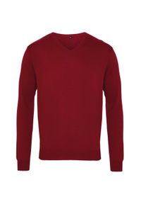 PREMIER - Męski Dziergany Sweter W Serek Vneck. Typ kołnierza: dekolt w serek. Kolor: czerwony, brązowy, wielokolorowy. Materiał: dziergany
