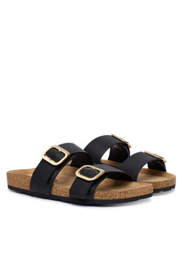 TOMMY HILFIGER - Tommy Hilfiger Klapki Leather Double Strap Cork Sandals FW0FW09118 Czarny. Kolor: czarny. Materiał: skóra