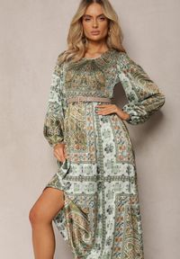 Renee - Zielona Sukienka Maxi Boho z Bufiastym Rękawem i Rozkloszowanym Dołem Veltiana. Okazja: na co dzień. Kolor: zielony. Materiał: materiał. Typ sukienki: proste, rozkloszowane. Styl: boho. Długość: maxi