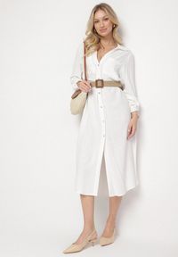 Born2be - Biała Koszulowa Sukienka z Lnem i Wiskozą z Regulowanymi Rękawami Melvezia. Okazja: na co dzień. Kolor: biały. Materiał: len, wiskoza. Typ sukienki: koszulowe. Styl: casual #1