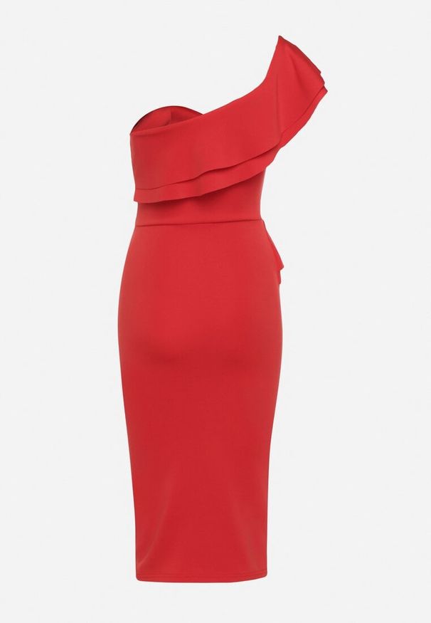 Born2be - Czerwona Koktajlowa Sukienka Bodycon na Jedno Ramię Ozdobiona Falbanką Uvalia. Okazja: na imprezę. Kolor: czerwony. Materiał: dzianina. Wzór: aplikacja. Typ sukienki: bodycon. Styl: wizytowy