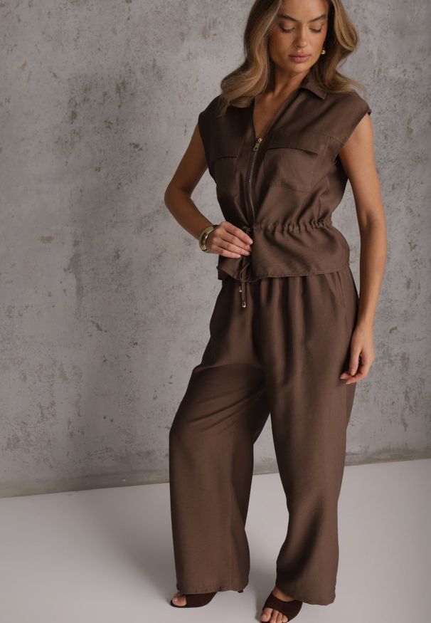 Renee - Brązowy Komplet Utility z Wiskozy Spodnie i Bluzka na Suwak ze Ściągaczem Petolira. Kolor: zielony. Materiał: wiskoza