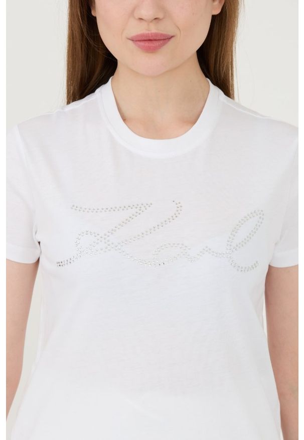Karl Lagerfeld - KARL LAGERFELD Biały damski t-shirt Rhinestone Logo, Rozmiar L. Kolor: biały