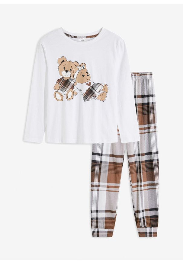 bonprix - Piżama z czystej bawełny (2 części). Kolor: biały. Materiał: bawełna. Wzór: nadruk