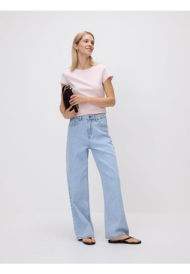 Reserved - T-shirt z bawełny merceryzowanej - pastelowy róż. Kolor: różowy. Materiał: bawełna