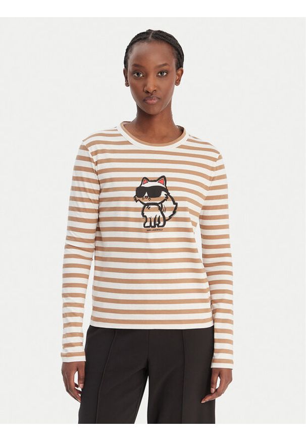 Karl Lagerfeld - KARL LAGERFELD Bluzka A1W17137 Beżowy Regular Fit. Typ kołnierza: dekolt w karo. Kolor: beżowy. Materiał: bawełna