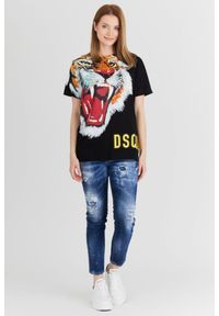 DSQUARED2 Czarny t-shirt damski z tygrysem. Kolor: czarny. Materiał: bawełna. Wzór: nadruk