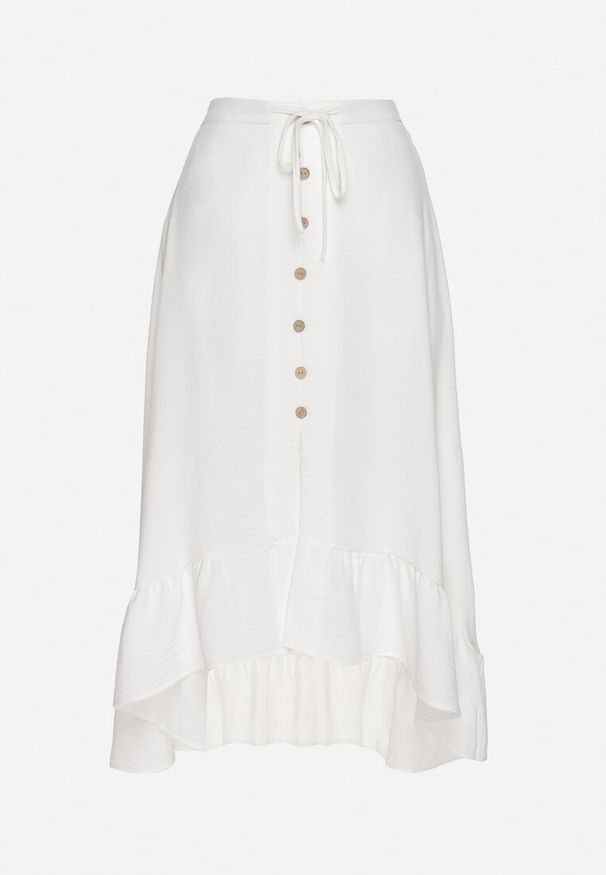 Born2be - Biała Asymetryczna Spódnica z Falbanami i Ozdobnymi Guzikami Marolana. Okazja: na co dzień. Kolor: biały. Wzór: gładki. Styl: casual, elegancki