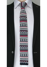 Świąteczny, Dziergany Krawat Męski Knit w Biało-Czerwone Wzory - Alties, Granatowy. Kolor: wielokolorowy. Materiał: poliester. Styl: wizytowy #2