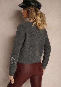 Renee - Szary Kardigan z Wełną na Guziki z Haftowanym Wzorem Nelyra. Okazja: na co dzień. Kolor: szary. Materiał: wełna. Wzór: haft. Styl: casual, elegancki