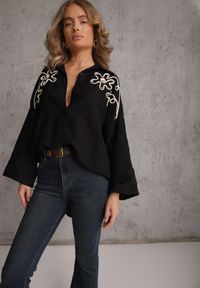 Renee - Czarna Wiskozowa Koszula Nietoperz z Regulowanymi Rękawami i Haftem Drenesh. Kolor: czarny. Materiał: wiskoza. Wzór: haft. Styl: boho #7