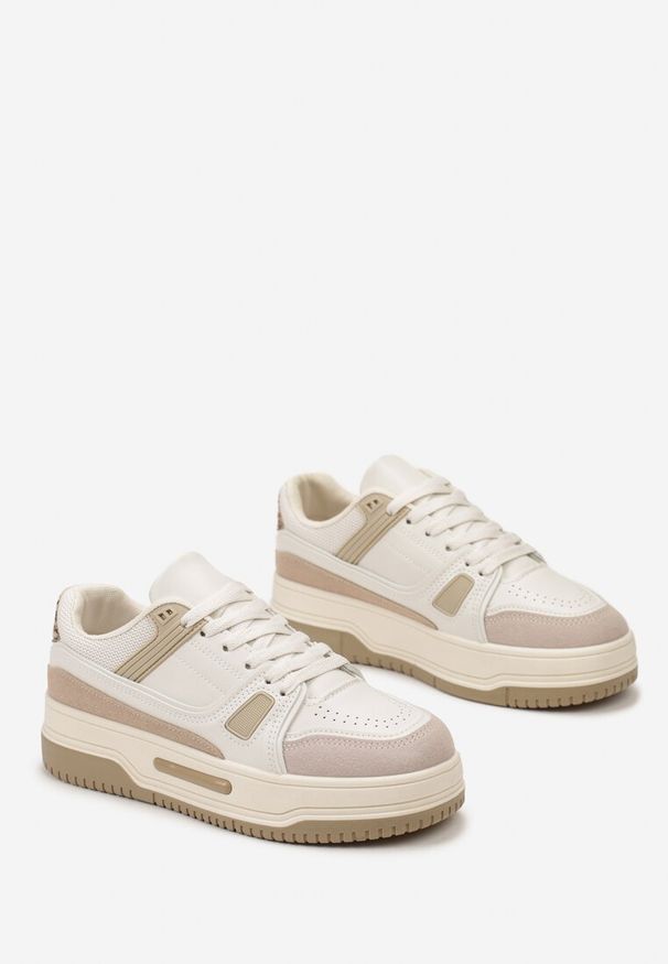 Renee - Beżowe Sneakersy ze Wstawkami z Ekozamszu na Grubej Podeszwie Anecta. Kolor: beżowy. Materiał: jeans. Wzór: nadruk