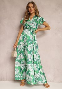 Renee - Zielona Sukienka Lecerf. Kolor: zielony. Materiał: materiał. Wzór: kwiaty. Sezon: lato. Typ sukienki: kopertowe. Styl: elegancki. Długość: maxi