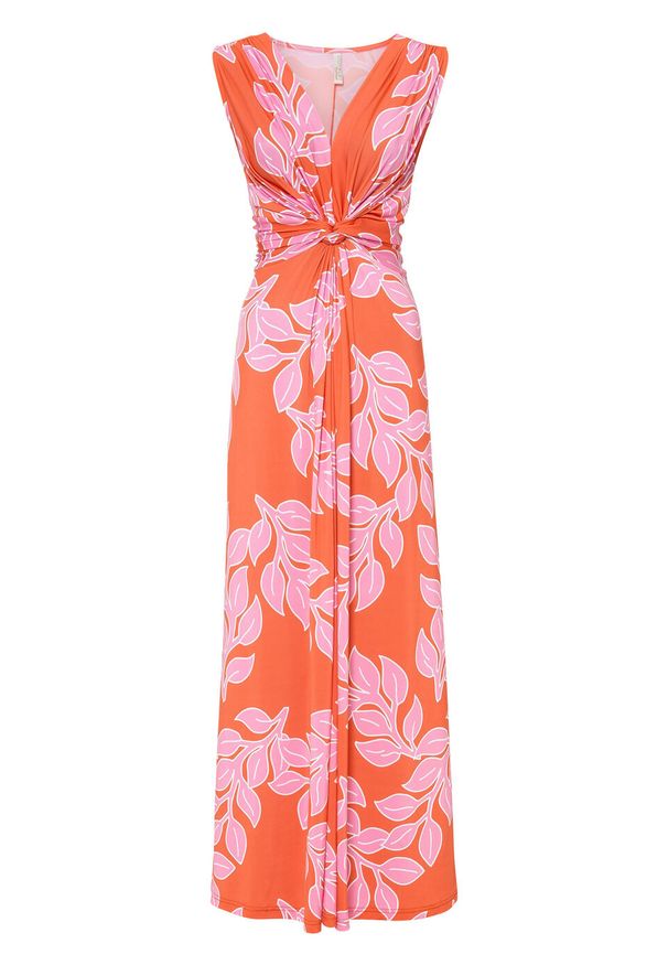 Letnia długa sukienka bonprix pomarańczowo-różowy w roślinny wzór. Kolor: pomarańczowy. Wzór: nadruk. Sezon: lato. Długość: maxi