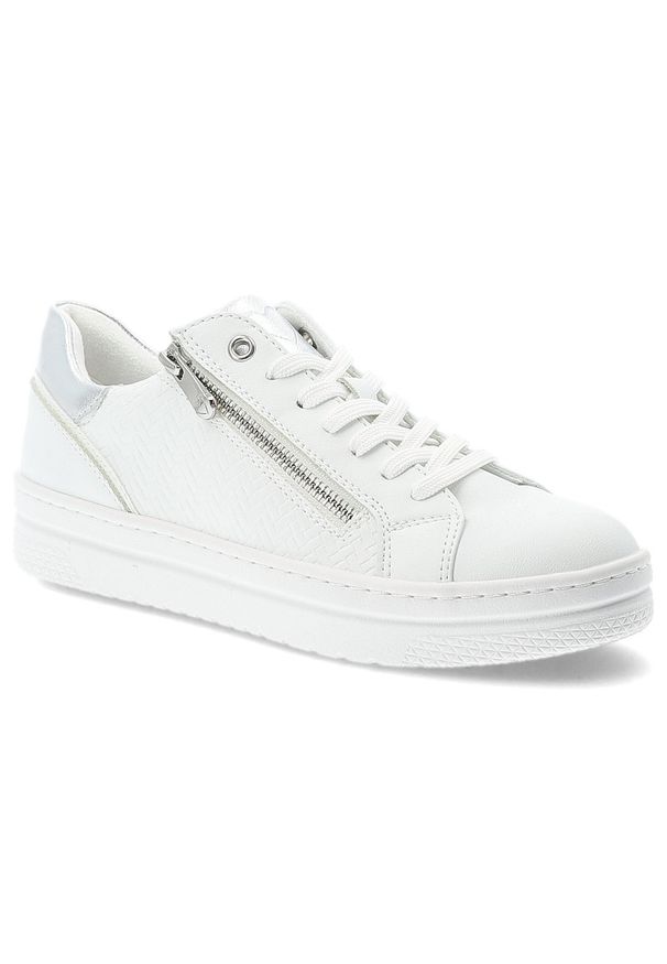 Białe Sneakersy Marco Tozzi Modne Obuwie Damskie Z Eleganckim Suwakiem. Okazja: na co dzień, na spacer. Zapięcie: zamek. Kolor: biały. Materiał: materiał. Szerokość cholewki: normalna. Sport: turystyka piesza