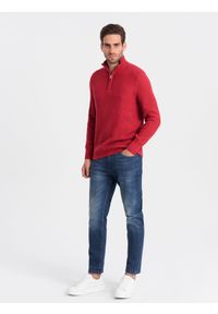 Ombre Clothing - Męski dzianinowy sweter z rozpinaną stójką - czerwony V8. Typ kołnierza: kołnierzyk stójkowy. Kolor: czerwony. Materiał: dzianina