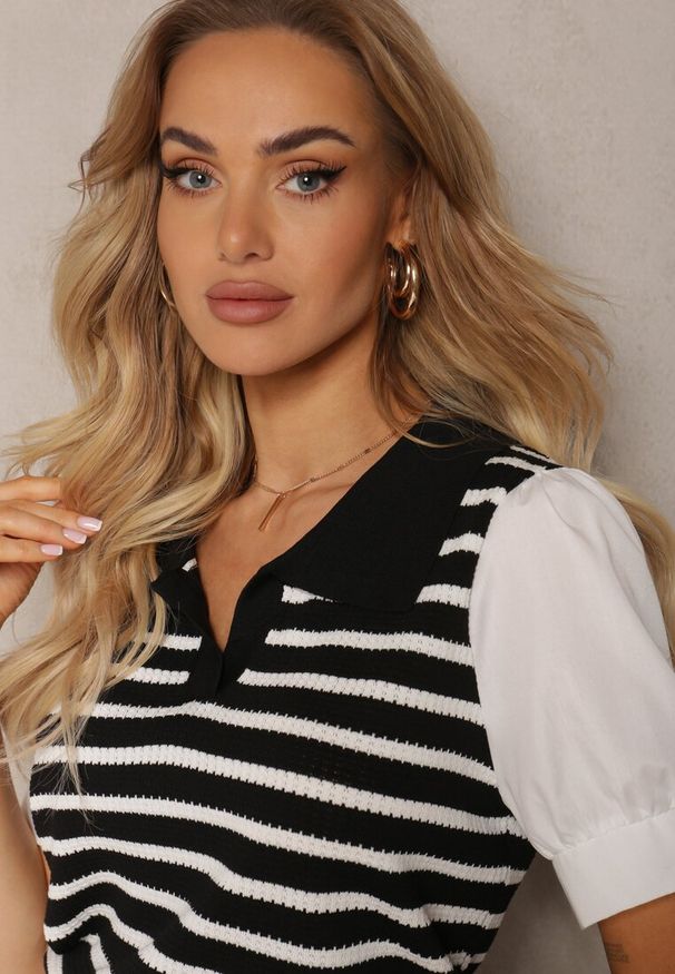 Renee - Czarna Bluzka w Paski z Kamizelką z Kołnierzykiem i Bufiastymi Rękawami Risina. Okazja: na co dzień. Kolor: czarny. Wzór: paski. Styl: klasyczny, casual, elegancki