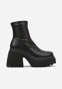 Born2be - Czarne Botki na Obcasie i Platformie z Dopasowaną Cholewką Zapinane na Suwak Reliefra. Okazja: na co dzień. Kolor: czarny. Materiał: jeans. Szerokość cholewki: normalna. Wzór: aplikacja. Obcas: na obcasie. Styl: klasyczny, wizytowy, casual, elegancki. Wysokość obcasa: średni #3