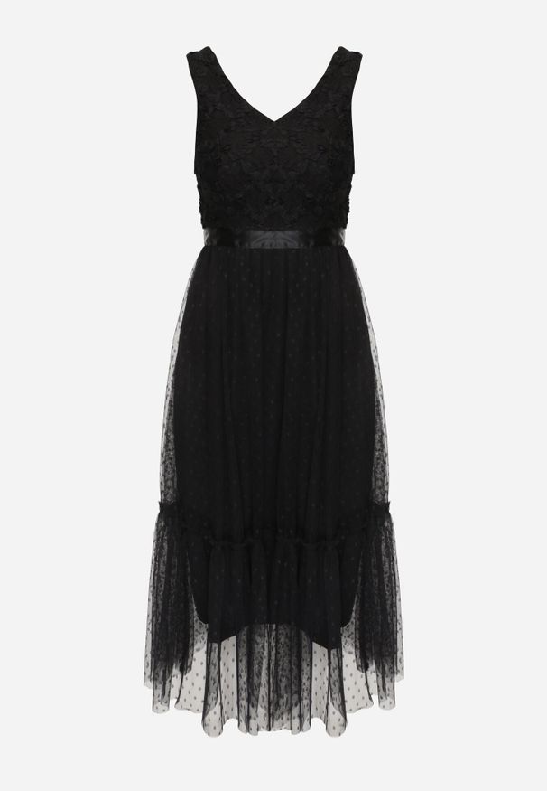 Born2be - Czarna Rozkloszowana Sukienka Midi z Ozdobnym Tiulem Celaina. Kolor: czarny. Materiał: tiul. Długość: midi