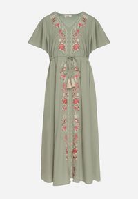 Born2be - Zielona Bawełniana Sukienka Boho o Rozkloszowanym Kroju z Haftem i Frędzlami Modixa. Okazja: na co dzień. Typ kołnierza: dekolt w serek. Kolor: zielony. Materiał: bawełna. Długość rękawa: krótki rękaw. Wzór: haft. Typ sukienki: rozkloszowane. Styl: boho #3