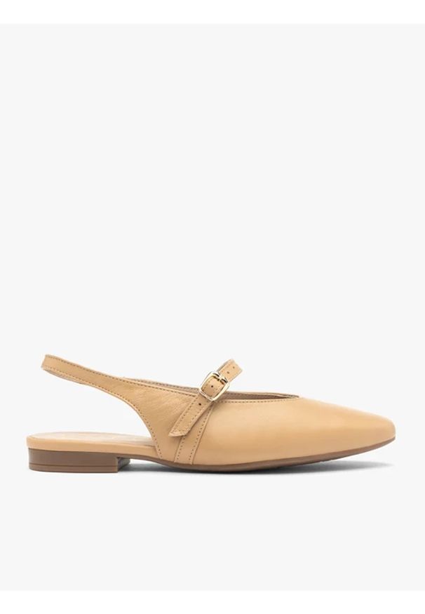 Ryłko - Beżowe czółenka bez pięty ze skóry licowej. Nosek buta: okrągły. Zapięcie: pasek. Kolor: beżowy. Materiał: skóra. Szerokość cholewki: normalna. Wzór: gładki. Sezon: lato. Styl: street, elegancki