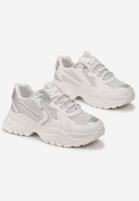 Born2be - Białe Sneakersy ze Wstawkami z Metalicznej Ekoskóry i Ozdobnymi Przeszyciami Mirael. Kolor: biały #4