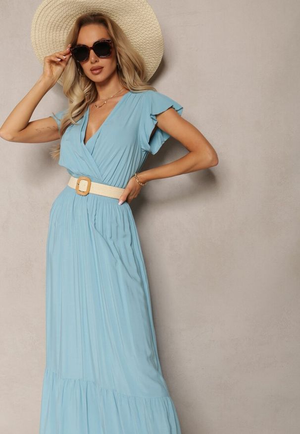 Renee - Jasnoniebieska Rozkloszowana Sukienka Maxi z Bawełny o Kopertowym Kroju Asmerie. Kolor: niebieski. Materiał: bawełna. Sezon: lato. Typ sukienki: kopertowe. Długość: maxi