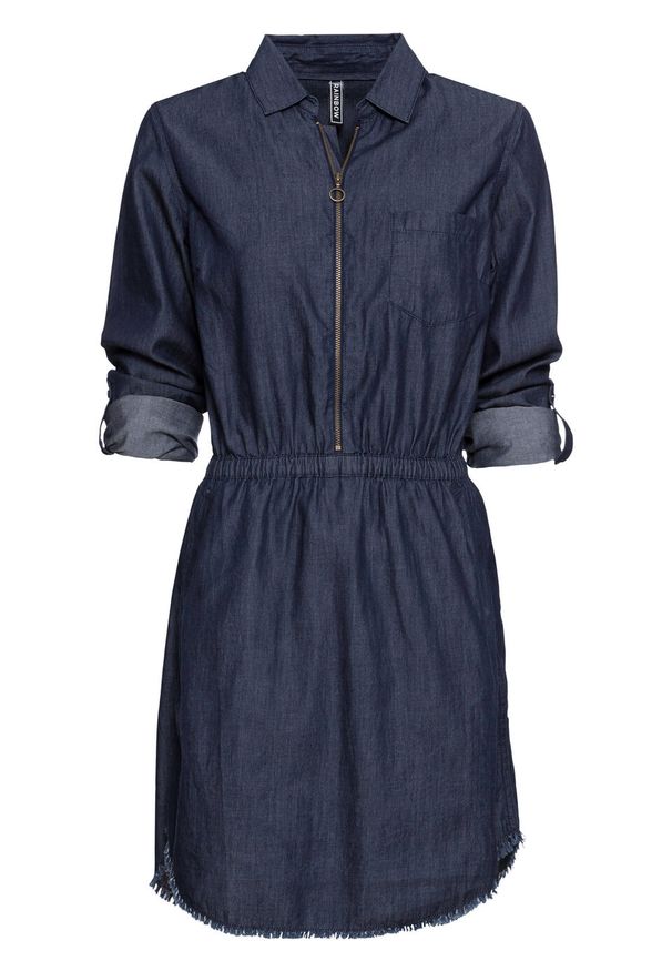 Sukienka dżinsowa z zamkiem bonprix ciemny denim. Kolor: niebieski. Materiał: materiał, bawełna