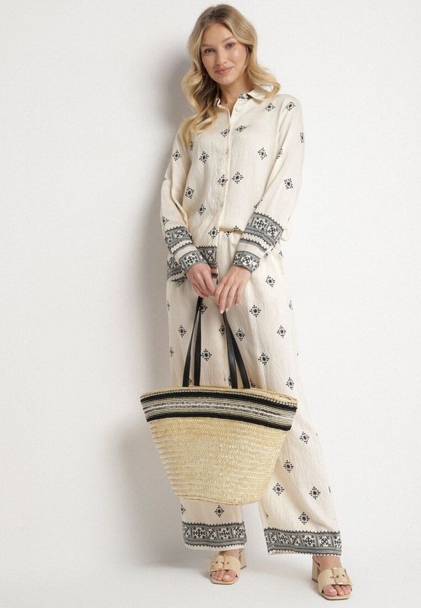 Born2be - Beżowy Komplet z Wiskozą Spodnie o Szerokim Kroju i Koszula Tatorela. Kolor: beżowy. Materiał: wiskoza